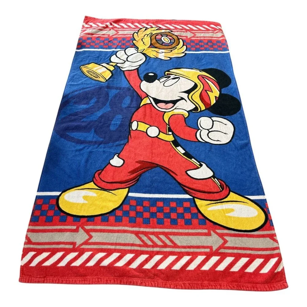 Disney Store Mickey Mouse Roadster Racer Beach Towel 30” x 60” Red Blue Trophy R